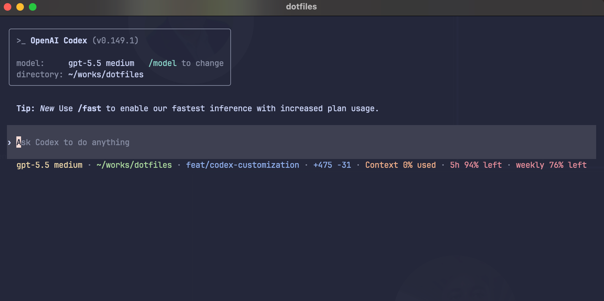 OpenAI Codex with a Catppuccin Macchiato blue theme and customized status line