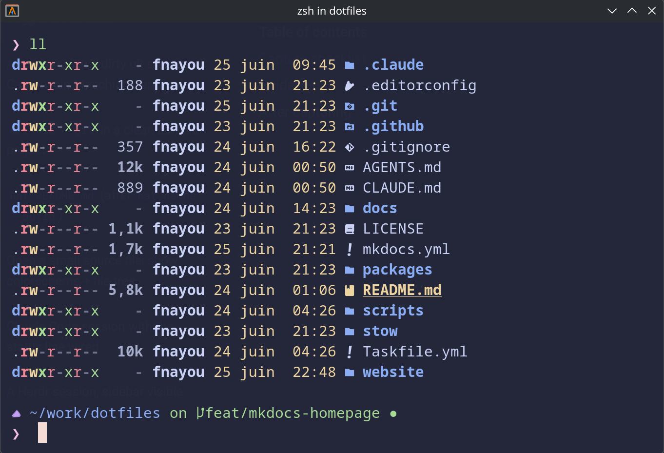 eza directory listing with icons and Catppuccin Blue colors