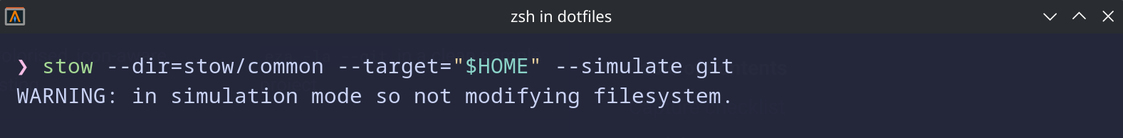 Output of a stow --simulate dry-run listing the links it would create