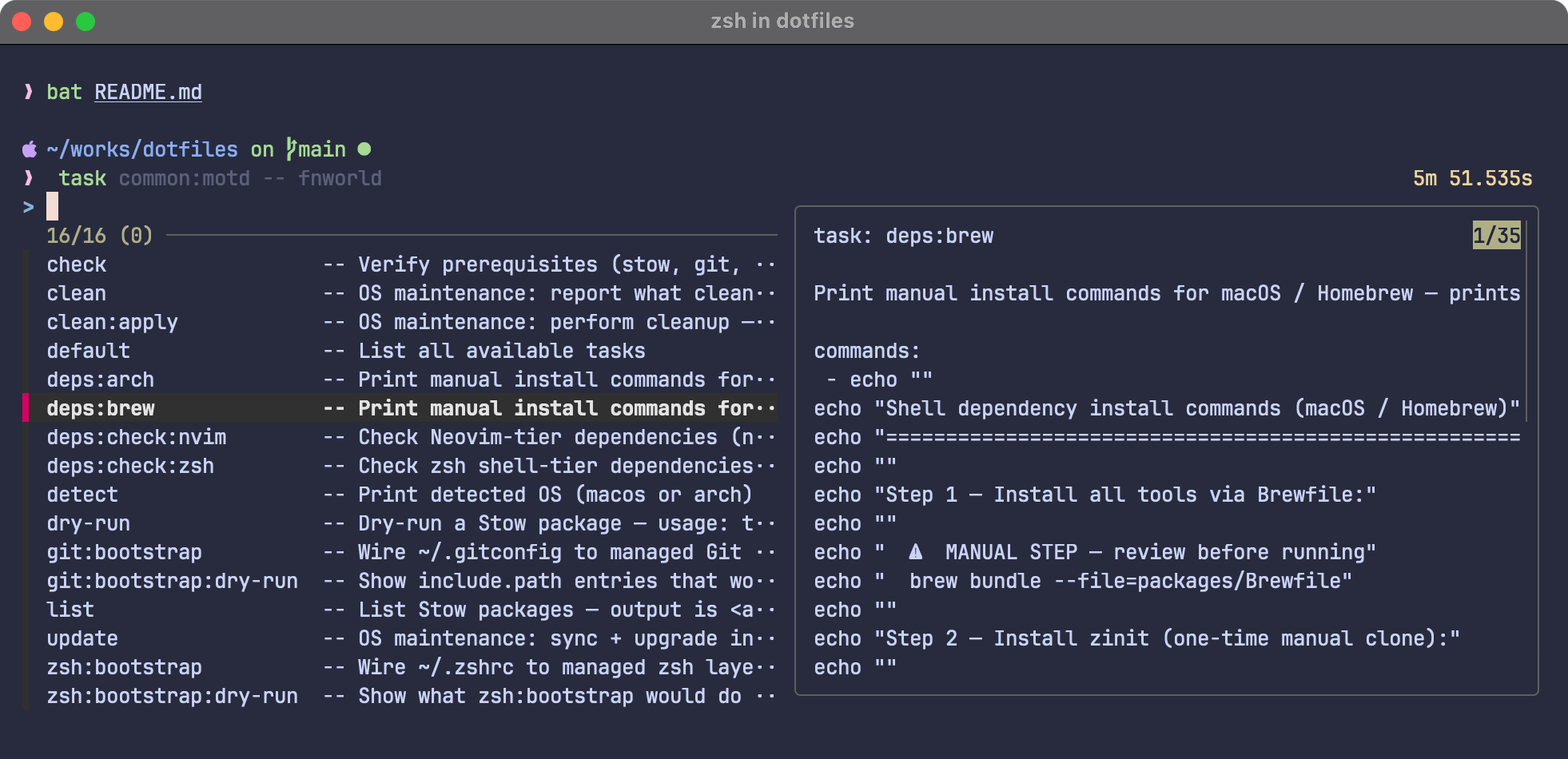 The task list printed by running task in the repository