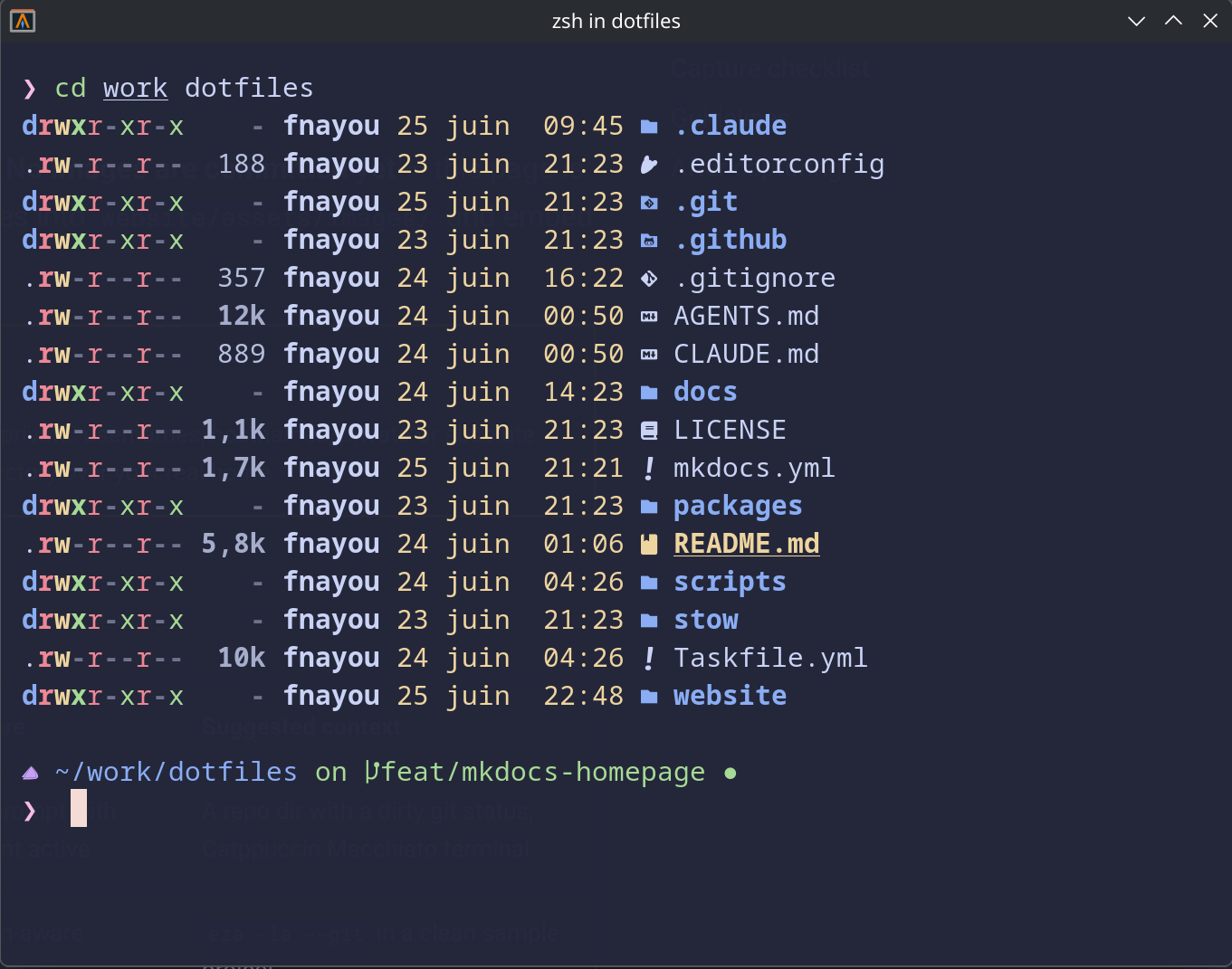 Shell prompt showing the current path and Git status in Catppuccin Macchiato colors